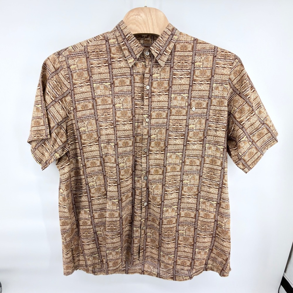 Tori Richard Shirt Mens 2XLT Brown Geometric Tribal Cotton Lawn Hawaiian Aloha